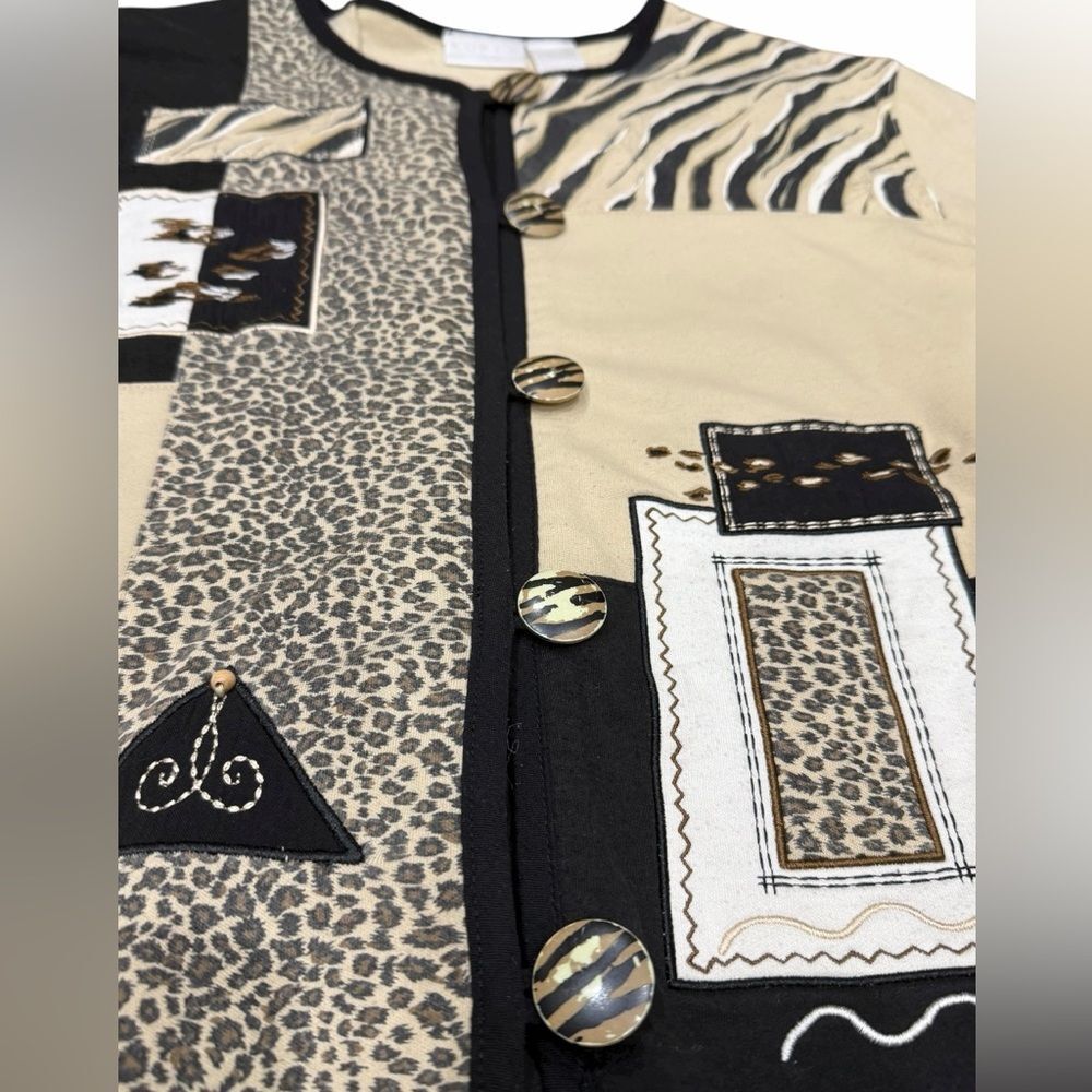 🦓 Vintage Koret K-Wear Animal Print Patchwork Cardigan Sweater 🐆 Tan & Black | - Picture 5 of 9